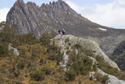 people standing on another peak, Cradle Mountain in distance